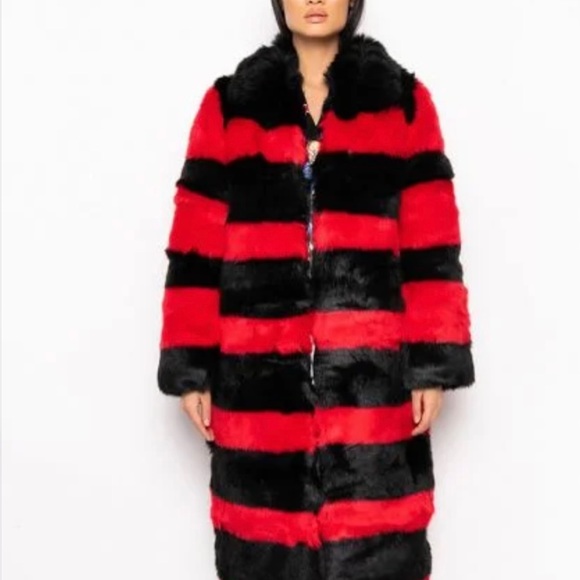 Red and Black Fur Trench Coat - Picture 3 of 10